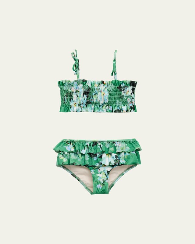 Girl's Everley Shirred Floral-Print Frill Bikini, Size 1-12